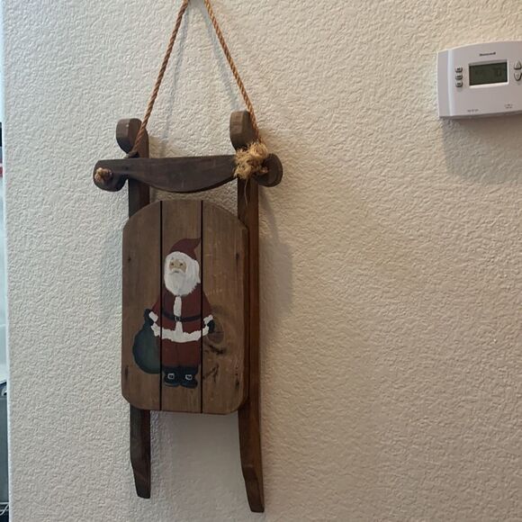 Santa And Gift Bag Christmas Holiday Wooden Rope Hanging Sleigh By B Builor Used - Picture 2 of 6